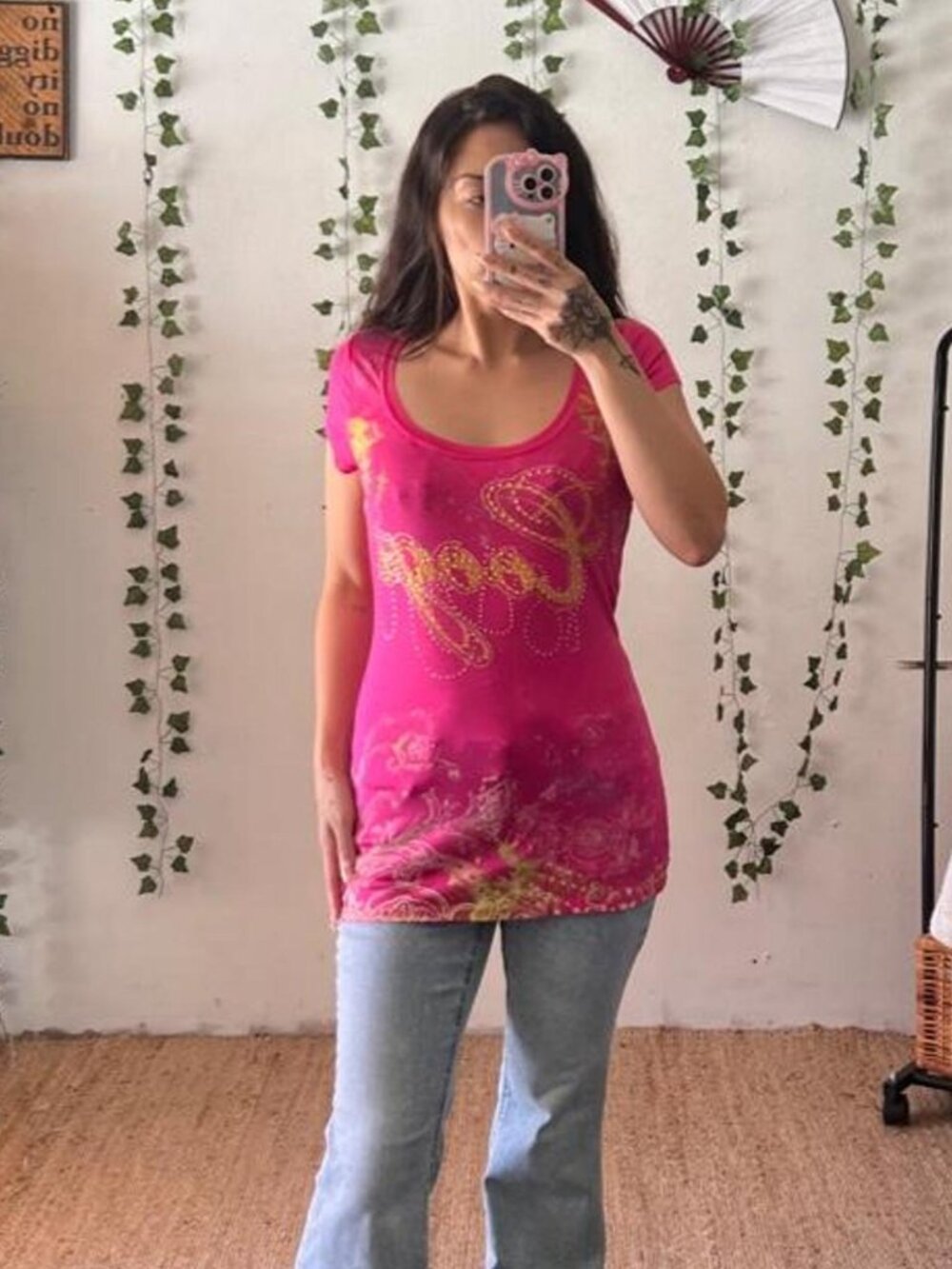 Y2K Coogi Pink Scoop Neck Longline Tee with Rhinestone Embellishment